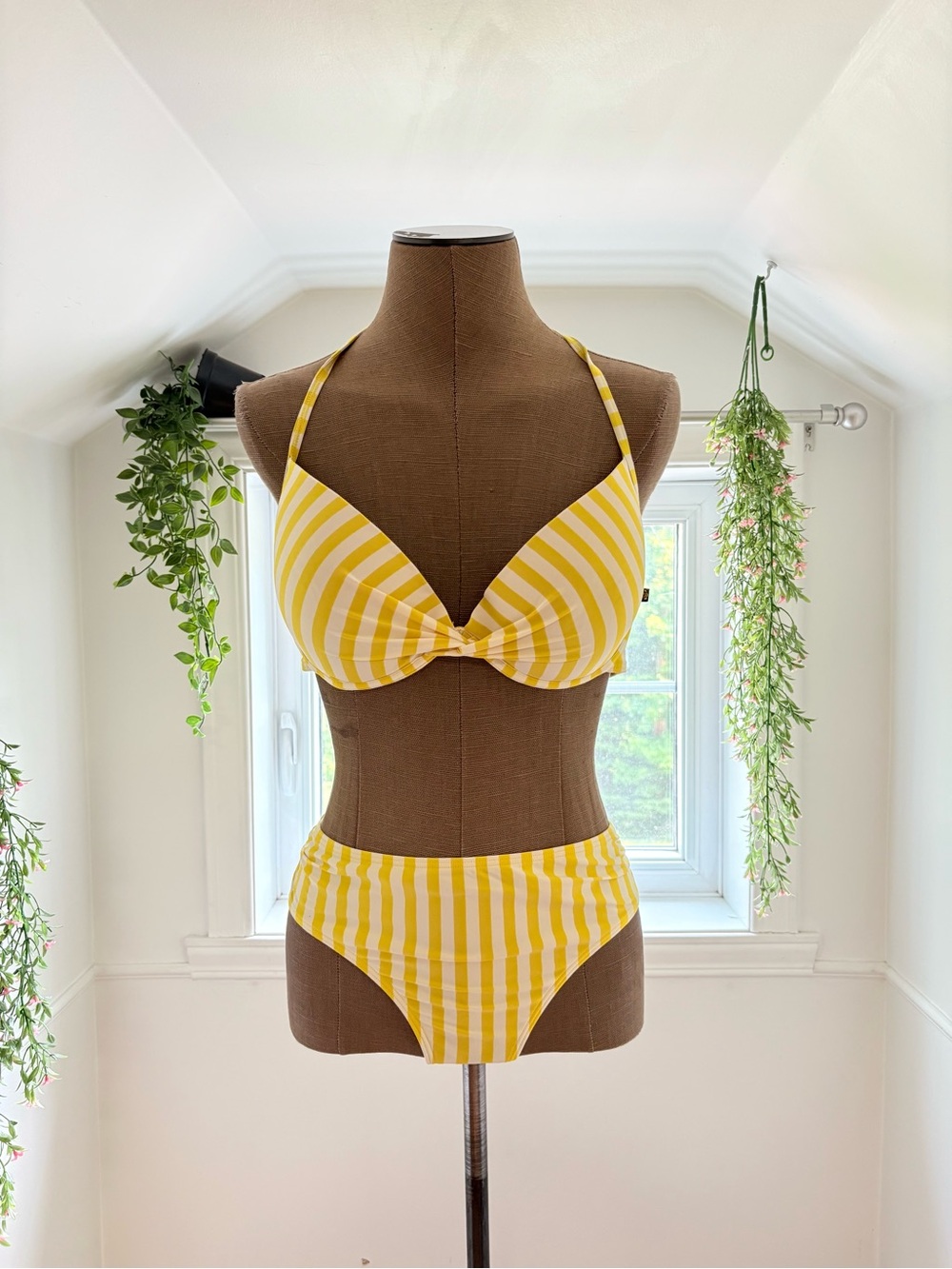 Aqua Yellow & White Striped Halter Bikini Set